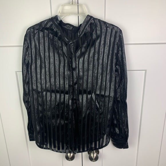 NWT J. Crew SMALL Silk Metallic Chiffon Mockneck Top Blouse Black Long Holiday - Picture 6 of 8